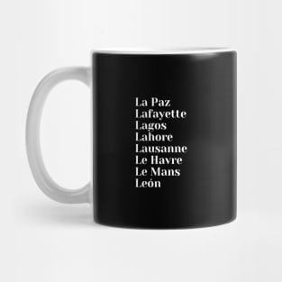 Cities starting with the letter, L, Mug, Mask, Pin, Mug, Mask, Pin Mug